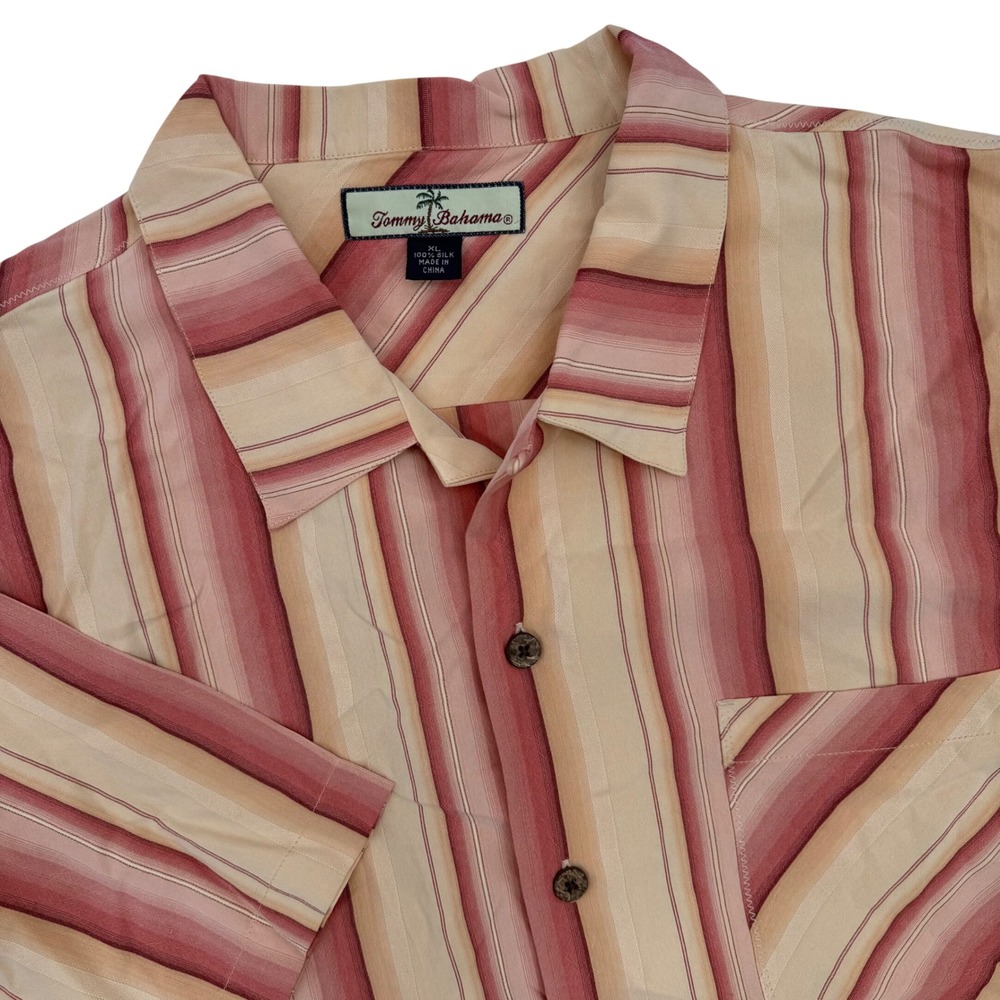 Tommy Bahama XL Silk Button Up Shirt Striped Short Sleeve Pocket‎